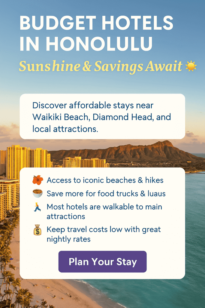 Affordable budget hotel exterior in Honolulu, Hawaii, with easy access to beaches and local attractions.