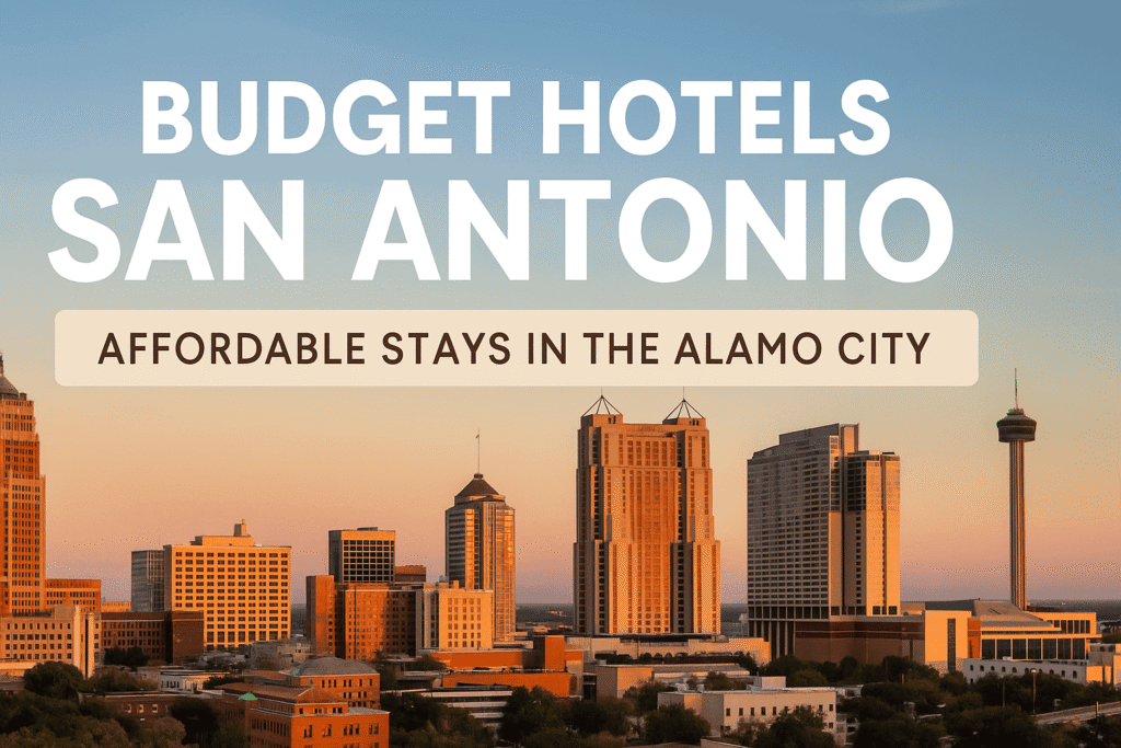 Exterior view of a budget-friendly hotel in San Antonio, Texas, with clean, simple architecture and nearby palm trees, set under a sunny sky.