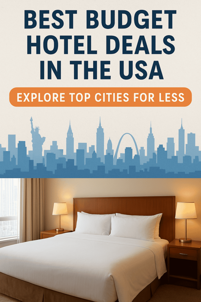 Collage of affordable budget hotels across the USA, offering great deals in popular cities with convenient amenities.