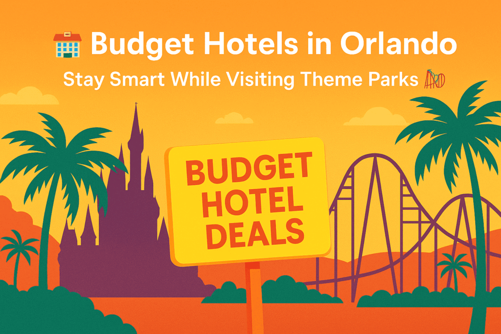 Illustration promoting budget hotel deals in Orlando, Florida with a castle, roller coaster, and palm trees
