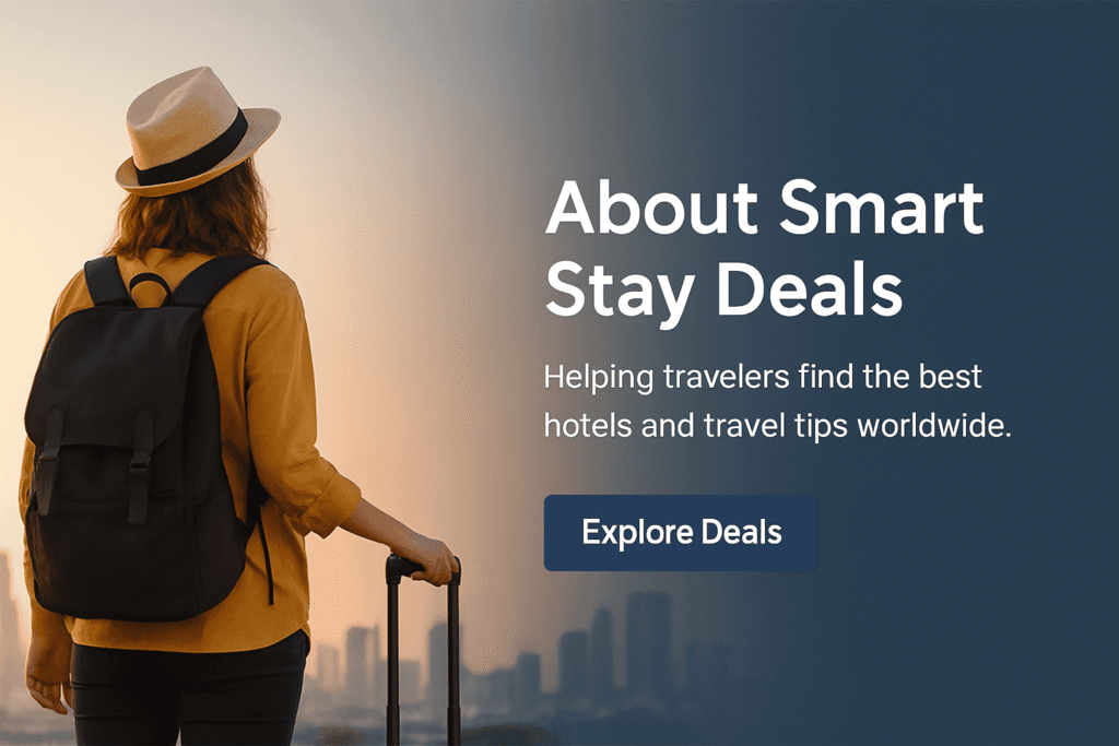 Traveler with suitcase looking at a city skyline during sunset – Smart Stay Deals About Page banner