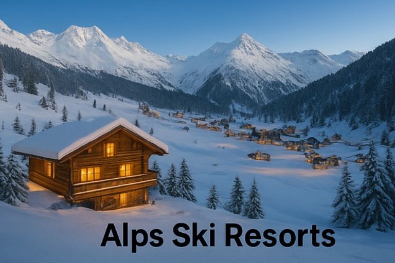 Scenic ski resort in the snowy Alps mountains