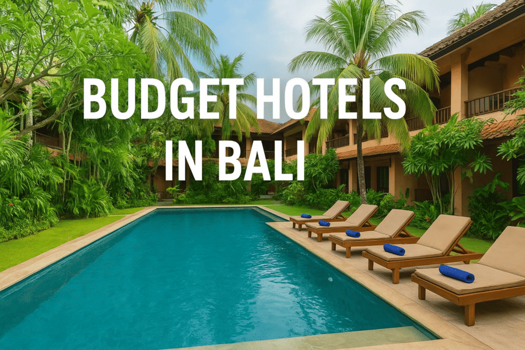 Budget hotel in Bali with tropical garden and pool view"