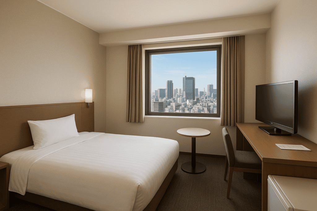 Budget-friendly hotel room in Tokyo with modern amenities and city views