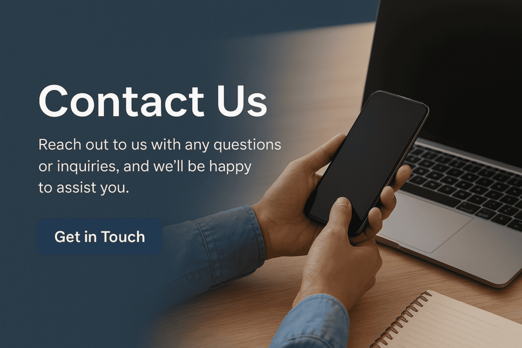 Close-up of a person using a smartphone and laptop at a desk, with Contact Us message for Smart Stay Deals