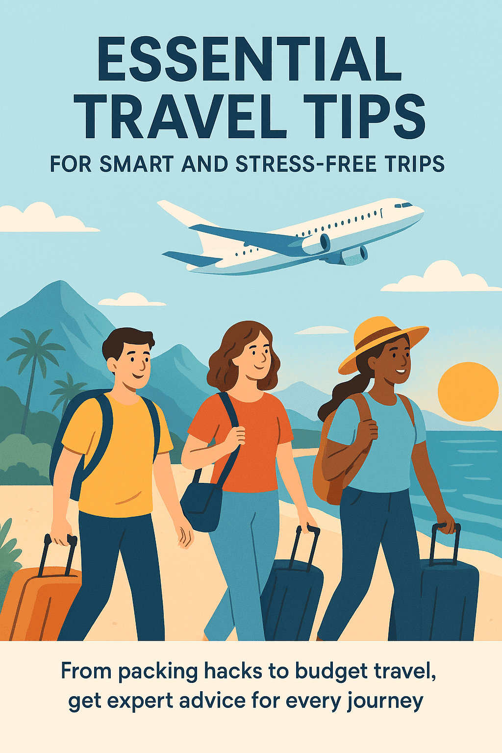 Illustration of happy travelers with luggage walking along a beach with mountains and an airplane overhead, promoting essential travel tips for smart and stress-free trips.