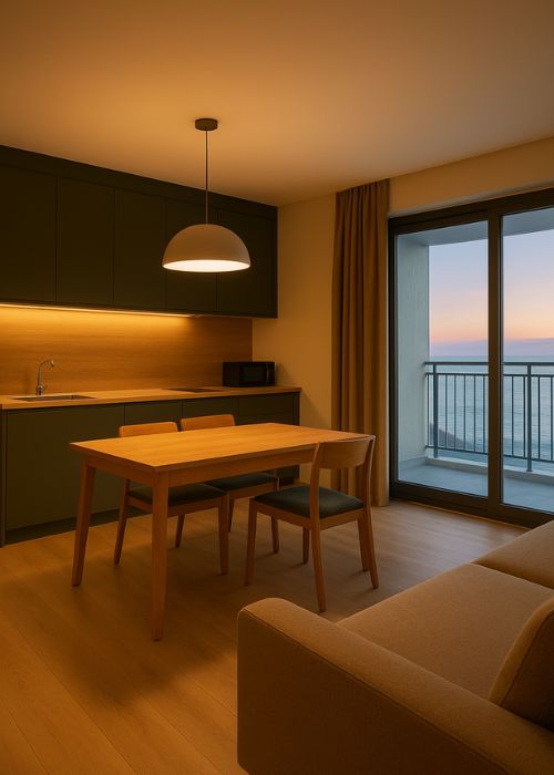 Modern hotel suite with open kitchenette, dining table, sofa, and balcony overlooking the sea at sunset.