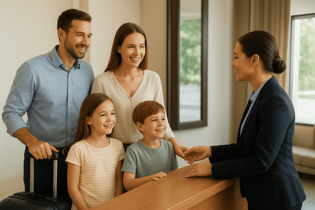 Happy family checking in at hotel reception with receptionist