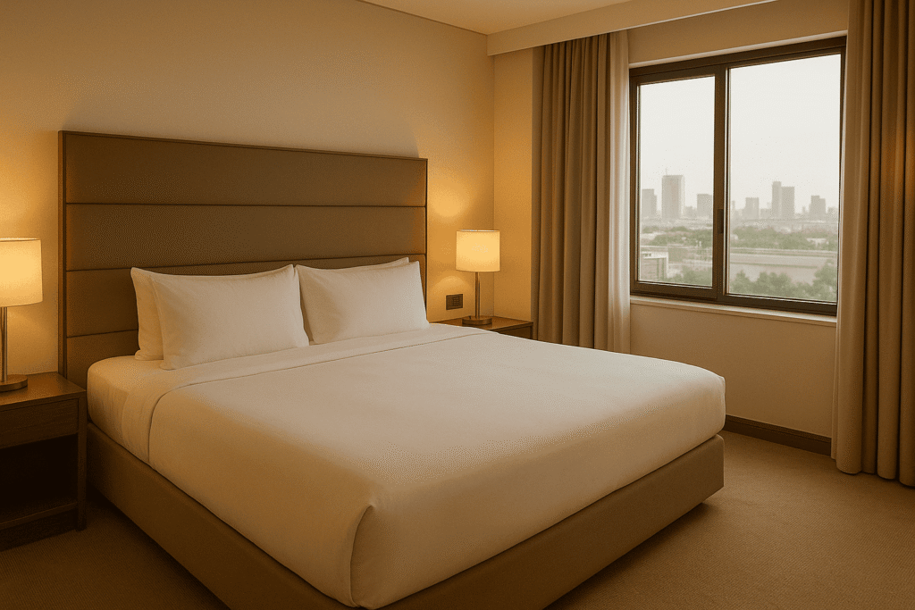 Modern hotel room with large bed, lamps, and city view through window