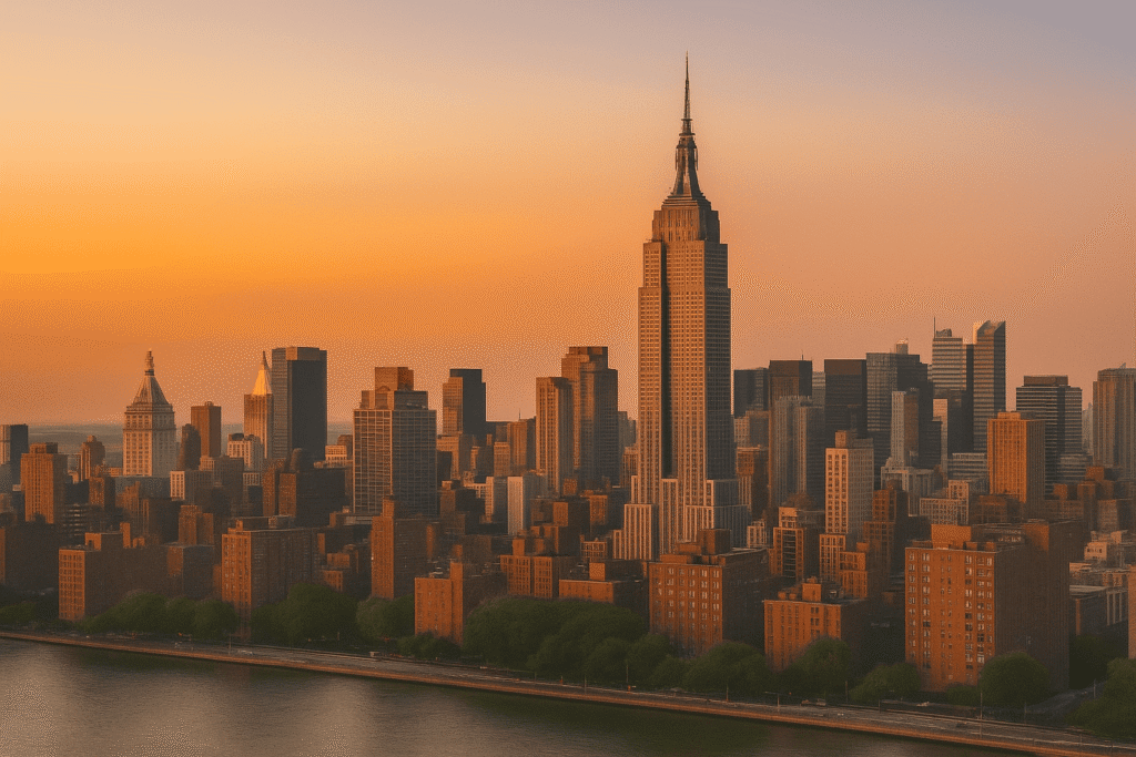 New York City skyline at sunset with tall buildings and river view
