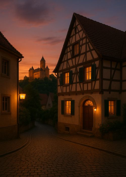 Traditional half-timbered guesthouse on a cobblestone street at sunset with a castle on the hill in the background.