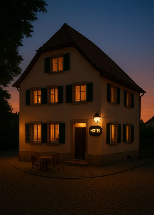 Charming European-style hotel at dusk with warm glowing windows and outdoor seating on cobblestone street