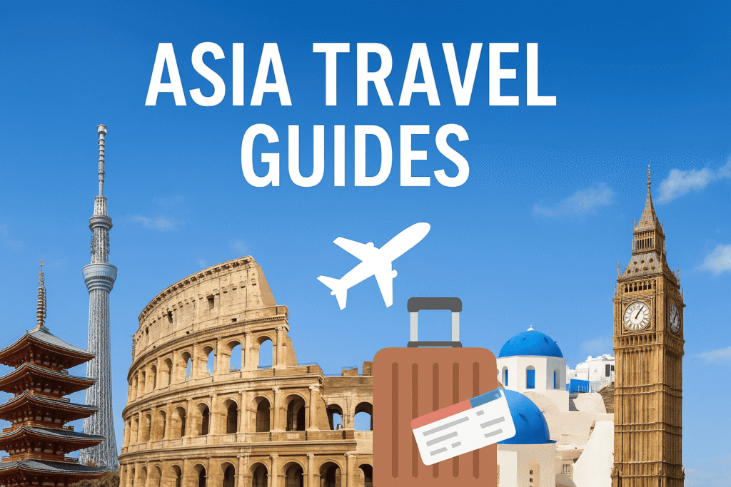 Asia Travel Guides banner featuring iconic landmarks including Tokyo Tower, Bangkok temples, Great Wall of China, and Bali beaches