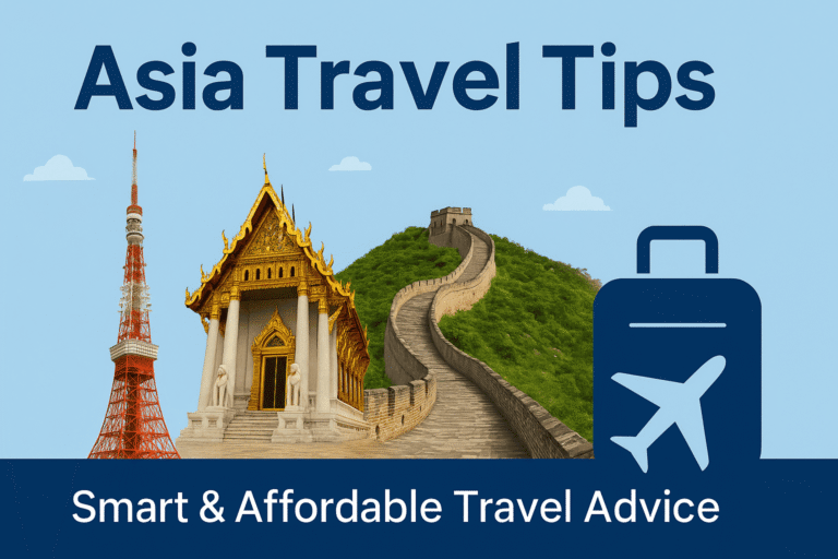 Asia Travel Tips banner featuring Tokyo Tower, Thai temple, Great Wall of China, and suitcase with airplane icon on light blue background