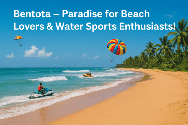 A vibrant beach scene in Bentota, Sri Lanka, with golden sand, turquoise waves, and palm trees. Tourists enjoy water sports including jet skiing, parasailing, and a banana boat ride under a clear blue sky. White text reads “Bentota – Paradise for Beach Lovers & Water Sports Enthusiasts