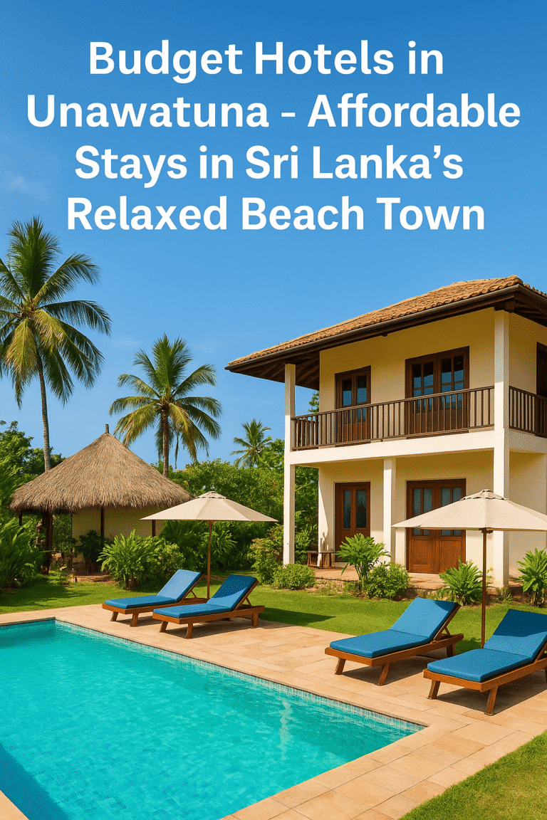 Budget hotels in Unawatuna with golden sandy beach, palm trees, and affordable stays near Galle in Sri Lanka.