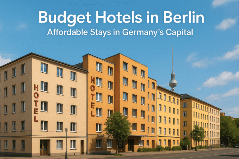 Budget hotels in Berlin with colorful facades, located near the iconic Berlin TV Tower (Fernsehturm), under a clear blue sky