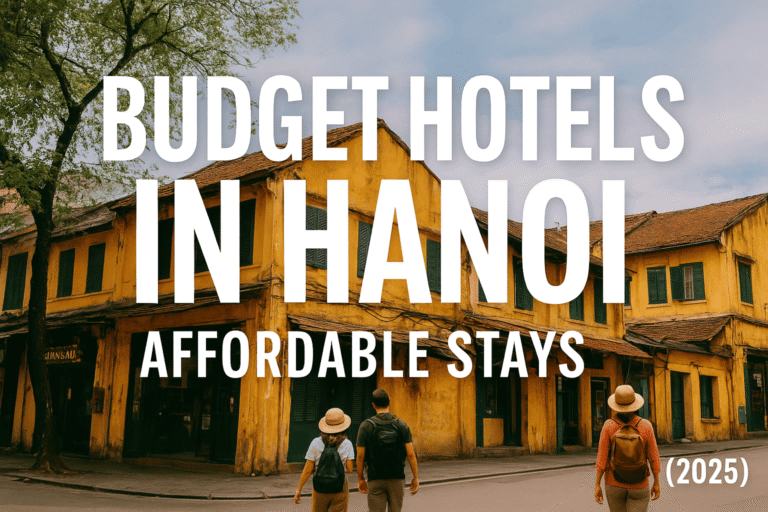 Street view of Hanoi with traditional yellow buildings and travelers, representing affordable budget hotels in Hanoi, Vietnam (2025)