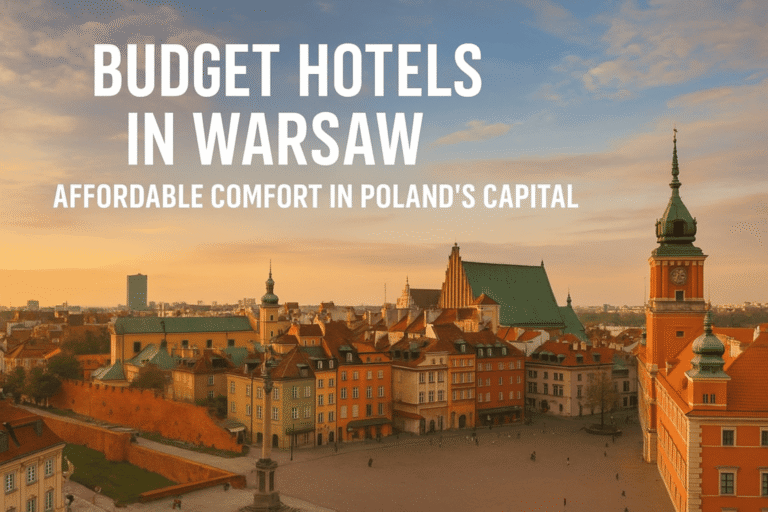 Panoramic view of Warsaw city with modern skyscrapers and historic Old Town buildings, promoting budget hotels in Poland’s capital.