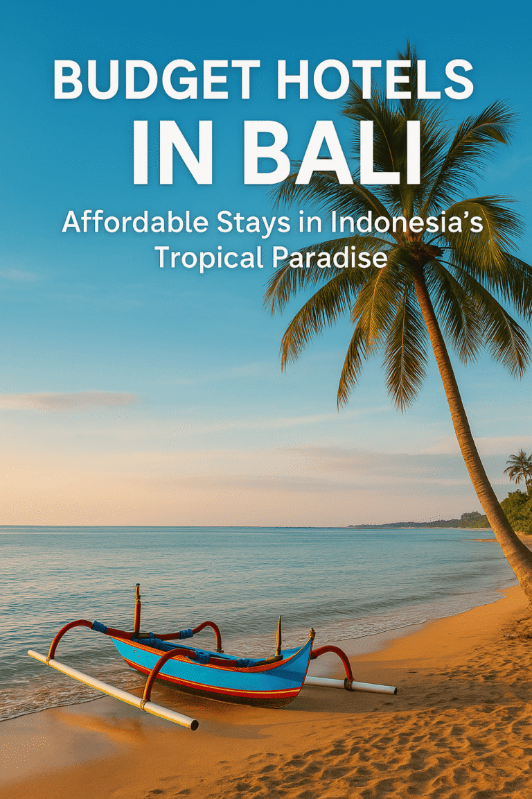 Budget hotels in Bali – affordable stays near tropical beaches with palm trees and traditional Balinese boat at sunset.