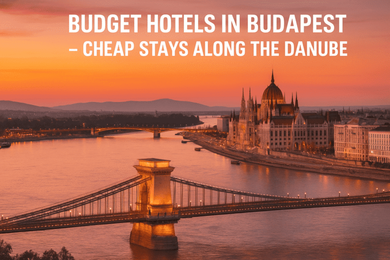 Budapest at sunset with the Danube River, historic bridges, and city lights creating a scenic backdrop, ideal for budget travel and hotel stays.