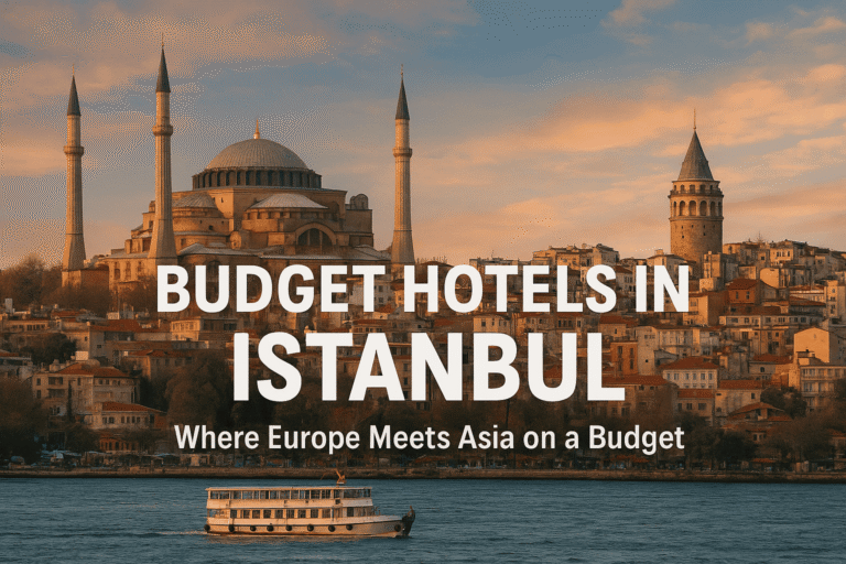 Istanbul skyline with Hagia Sophia, Galata Tower, and Bosphorus, promoting budget hotels in Turkey’s city where Europe meets Asia