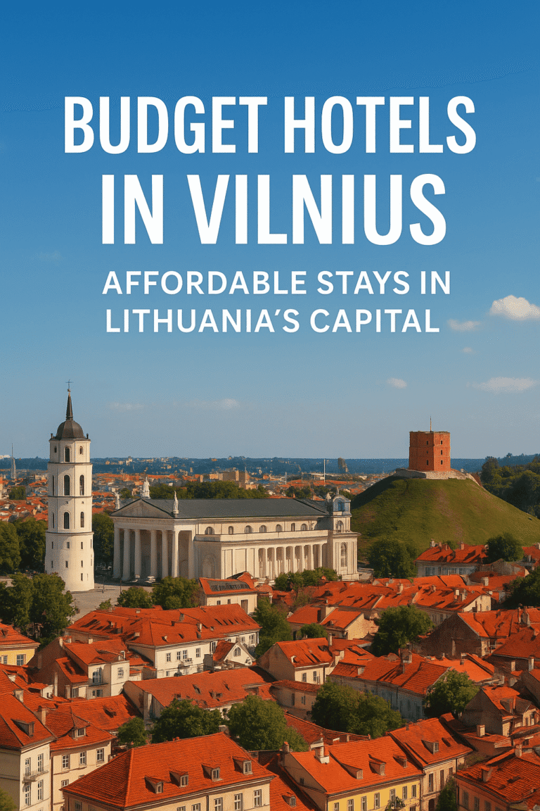 Exterior view of an affordable budget hotel in Vilnius, Lithuania, showcasing a modern, cozy facade and welcoming entrance, ideal for travelers on a budget
