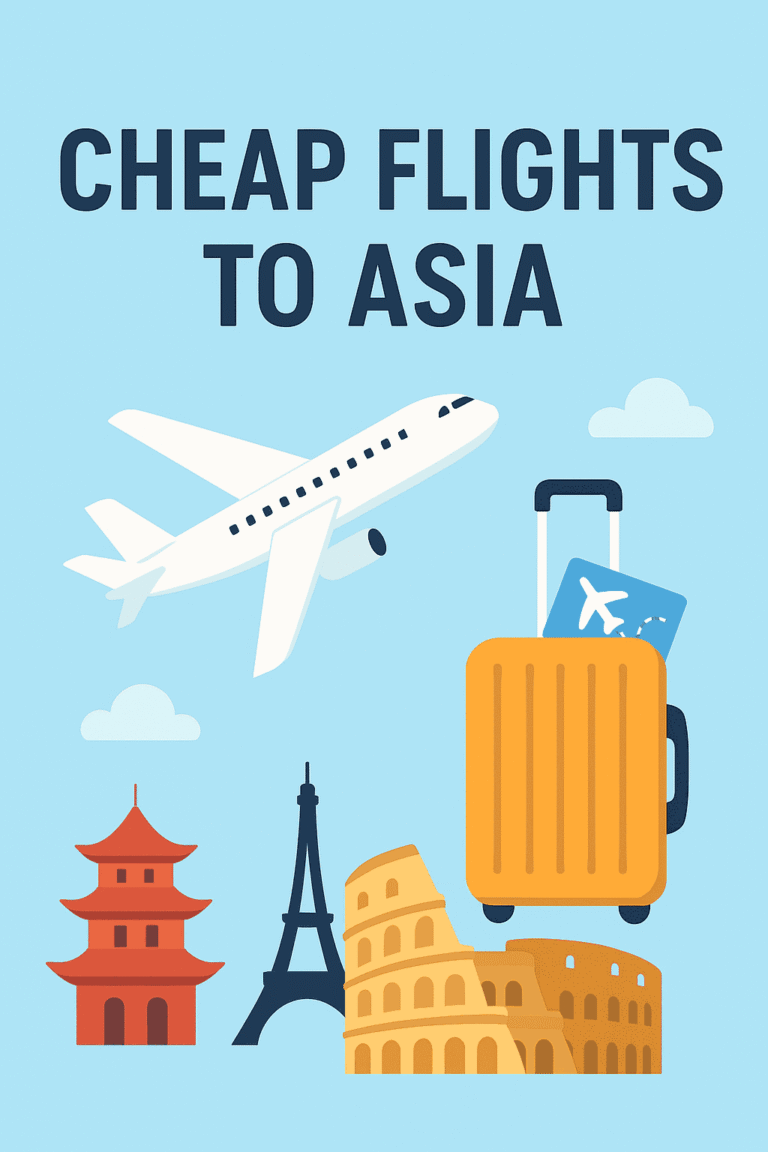 Cheap Flights to Asia – illustration with airplane, suitcase, and Asian landmarks on a blue background.