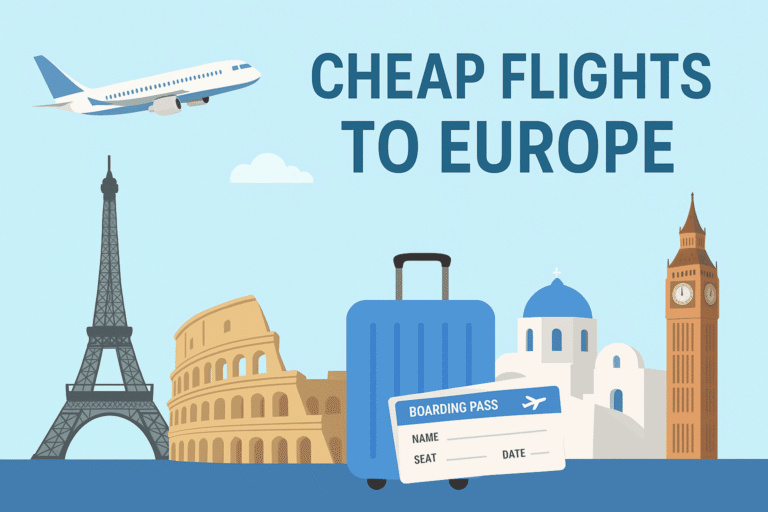 Cheap Flights to Europe banner with airplane, suitcase, boarding pass, and famous landmarks including Eiffel Tower, Colosseum, Santorini domes, and Big Ben