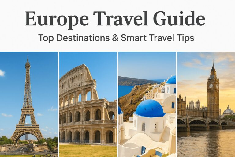 Europe Travel Guide with Eiffel Tower in Paris, Colosseum in Rome, Santorini whitewashed houses, and Big Ben in London