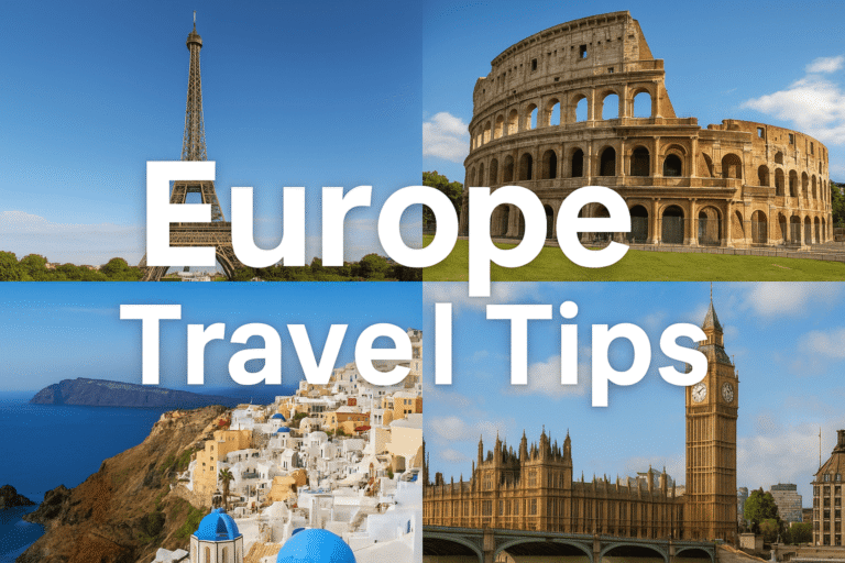 Europe Travel Tips featuring Eiffel Tower in Paris, Colosseum in Rome, Santorini blue-domed houses, and Big Ben in London