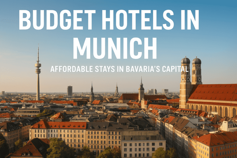 Panoramic view of Munich city with Marienplatz, historic architecture, and the Alps in the background, promoting budget hotels in Bavaria’s capital.