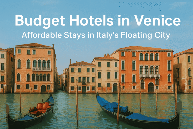 Budget hotels in Venice with gondolas on the canal and historic colorful buildings in Italy’s floating city