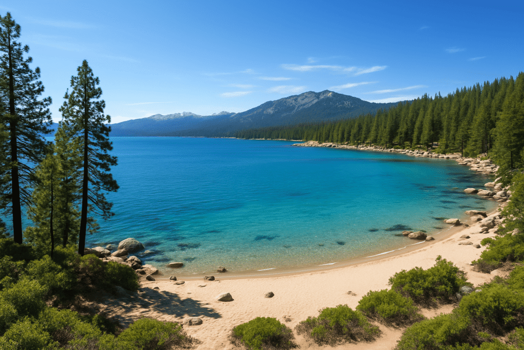 Lake Tahoe’s turquoise waters surrounded by pine-covered mountains with an affordable lakeside motel in the foreground
