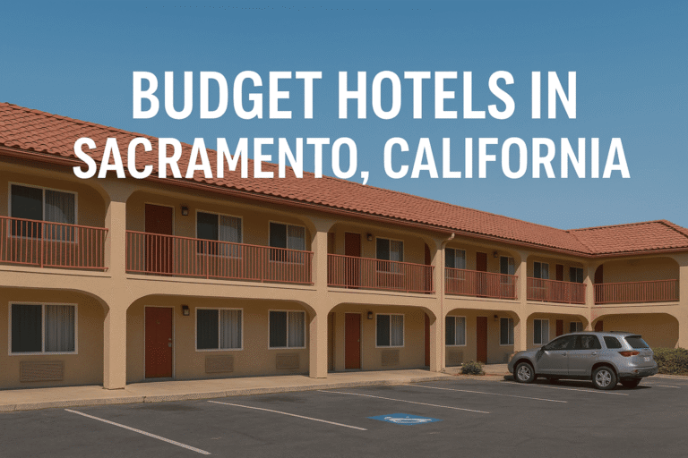 Hero image of a budget hotel in Sacramento, California, featuring a two-story beige building with a red-tiled roof, red railings, and a parking lot with a silver SUV, symbolizing affordable accommodation in the state capital.