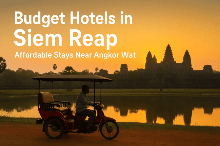 Traditional Cambodian tuk-tuk passing near Angkor Wat at sunrise, representing affordable budget hotels in Siem Reap, Cambodia (2025)