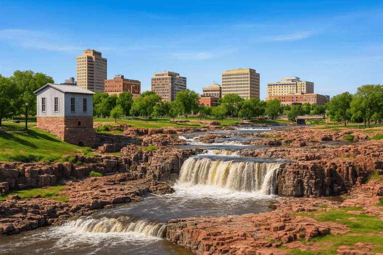 Downtown Sioux Falls, South Dakota with affordable hotels near Falls Park and the Big Sioux River