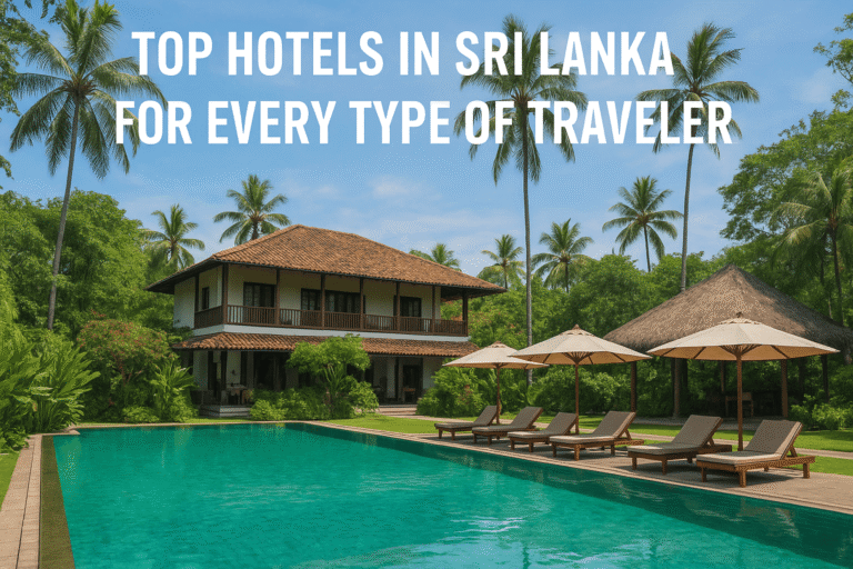 A tropical resort in Sri Lanka featuring a turquoise swimming pool, sun loungers with umbrellas, a thatched-roof hut, and a traditional two-story villa surrounded by lush green palm trees under a clear blue sky. White text at the top reads, “Top Hotels in Sri Lanka for Every Type of Traveler