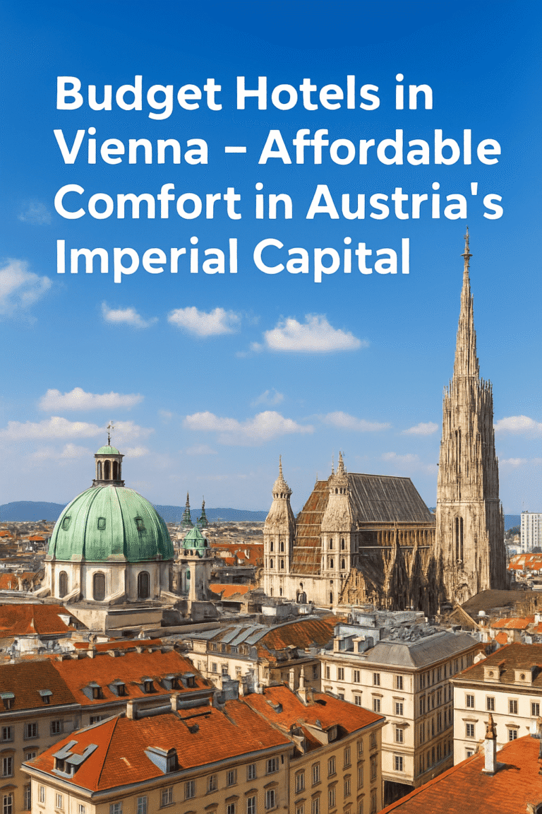 Panoramic view of Vienna's historic cityscape with red-roofed buildings, the green dome of Peterskirche, and the tall spire of St. Stephen's Cathedral under a blue sky. Text overlay reads: 'Budget Hotels in Vienna – Affordable Comfort in Austria's Imperial Capital