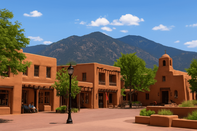 Santa Fe Plaza with adobe buildings, trees, and the Sangre de Cristo Mountains in the background on a sunny day