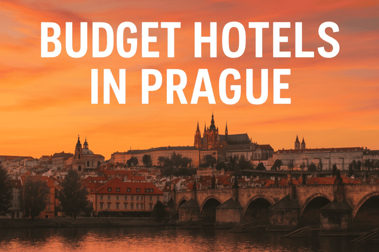 Prague cityscape with Charles Bridge and Old Town at sunset, showcasing budget hotels and affordable stays in the Czech Republic’s capital.