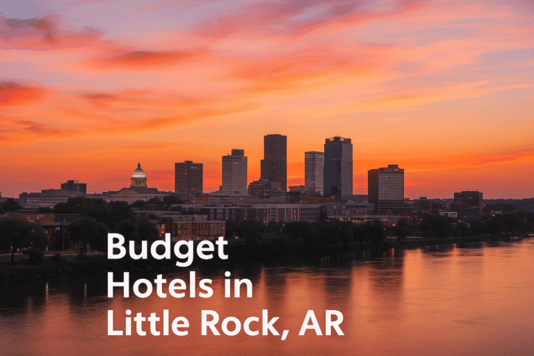 Little Rock, Arkansas skyline and Arkansas River at sunset with nearby budget hotels