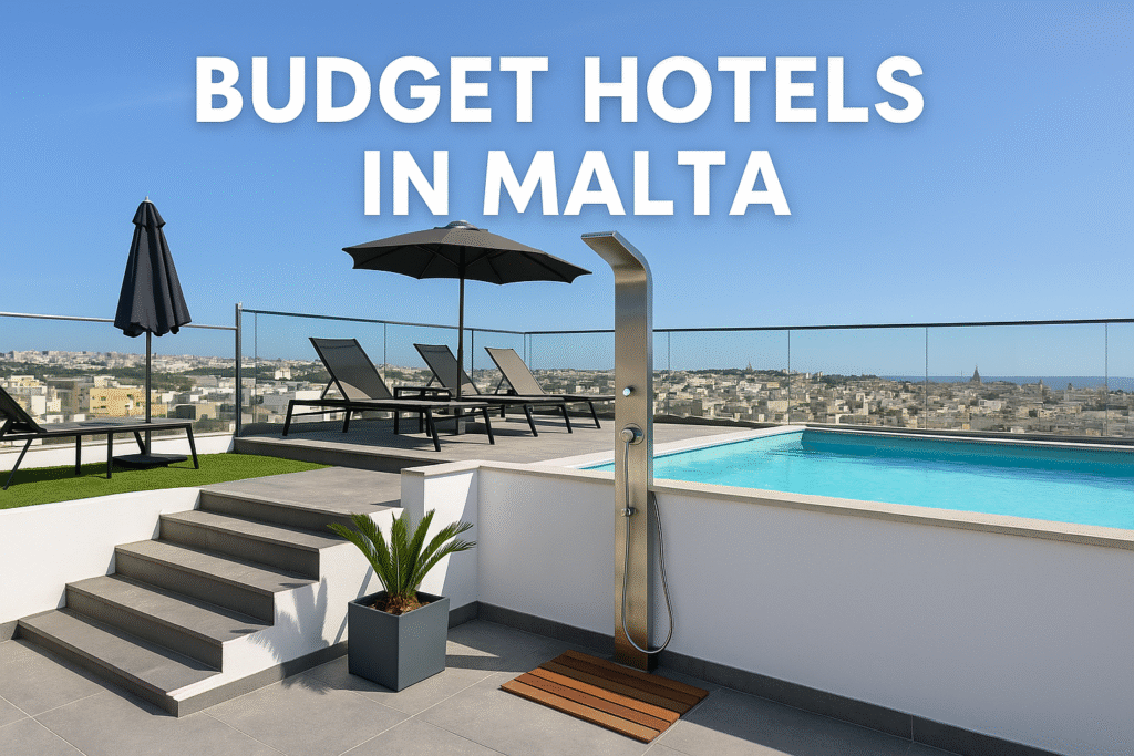 Rooftop pool area at a budget hotel in Malta with sun loungers, umbrellas, and panoramic city views under a clear blue sky