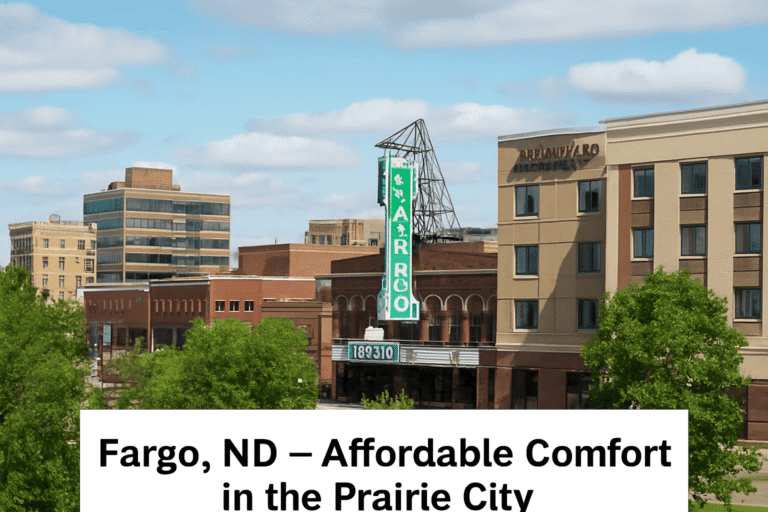 Downtown Fargo, ND with historic Fargo Theatre sign and nearby affordable hotels under a clear blue sky
