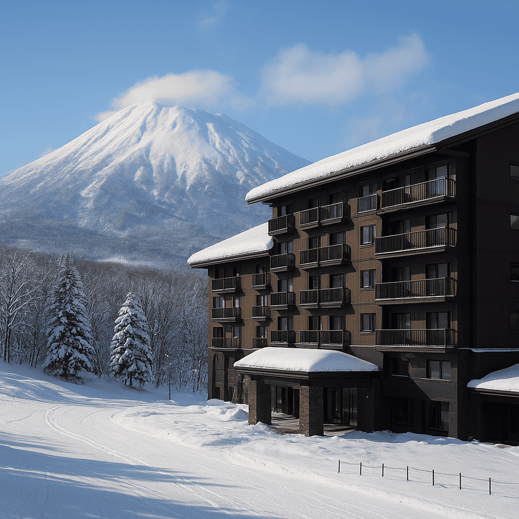 Hotel Niseko Alpen surrounded by snow with ski tracks and stunning mountain views in Hokkaido, Japan.