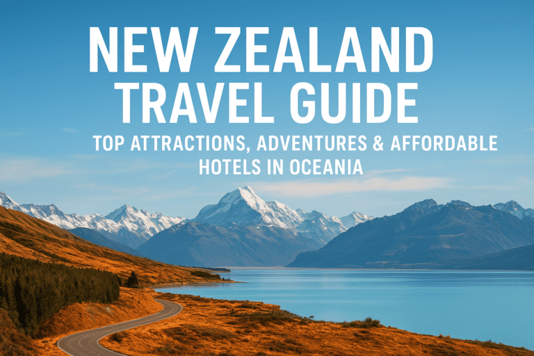 New Zealand Travel Guide cover image showing a scenic road along turquoise Lake Pukaki leading to snow-capped Southern Alps under a clear blue sky – Top Attractions, Adventures & Affordable Hotels in Oceania