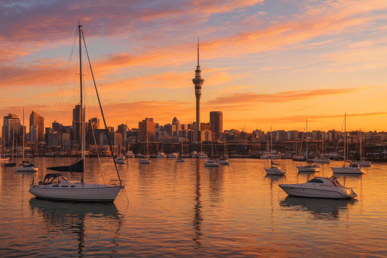 Scenic view of Auckland, New Zealand with the Sky Tower and harbor at sunset, showcasing the city’s waterfront hotels.