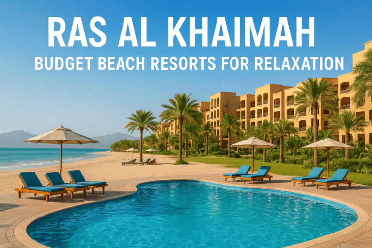 Ras Al Khaimah beach resort with palm trees, turquoise pool, and sandy shoreline under clear blue sky – budget beach resorts for relaxation in the UAE.