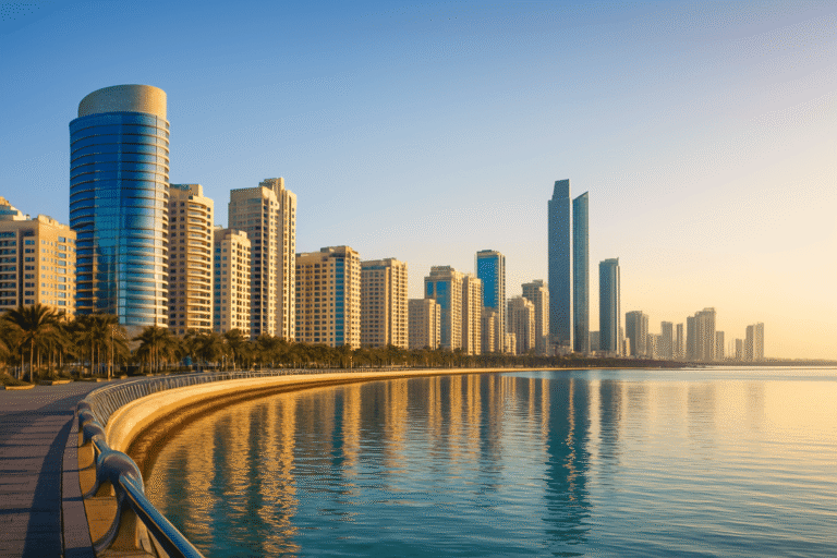 Scenic view of Sharjah’s lagoon with budget hotels and cultural landmarks under a clear blue sky