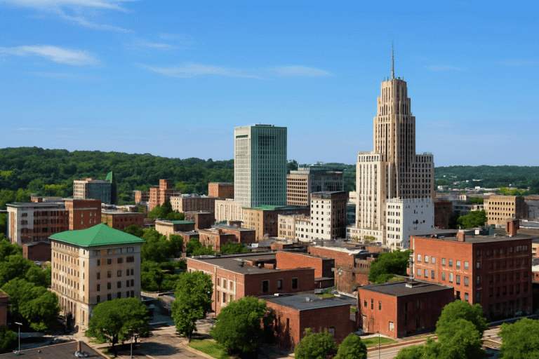 Scenic view of Akron, Ohio skyline with nearby affordable hotels